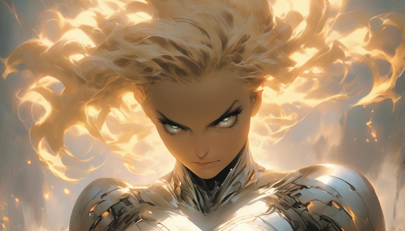  hyperrealism,fantasy aesthetic1woman, large busted attractive blonde arian female humanoid, peaceful expression, light breaking through dark clouds, contemplative aura, high tech clothing clad in sleek, futuristic costume with metallic accents and form fitting designs, marvel superhero comics style, unreal engine rendering