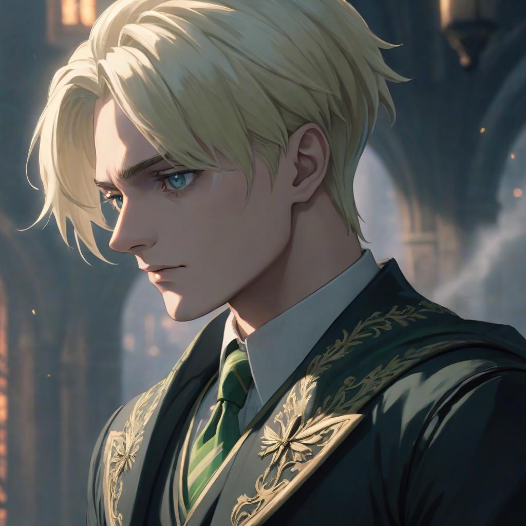  anime artwork Draco Malfoy . anime style, key visual, vibrant, studio anime, highly detailed hyperrealistic, full body, detailed clothing, highly detailed, cinematic lighting, stunningly beautiful, intricate, sharp focus, f/1. 8, 85mm, (centered image composition), (professionally color graded), ((bright soft diffused light)), volumetric fog, trending on instagram, trending on tumblr, HDR 4K, 8K