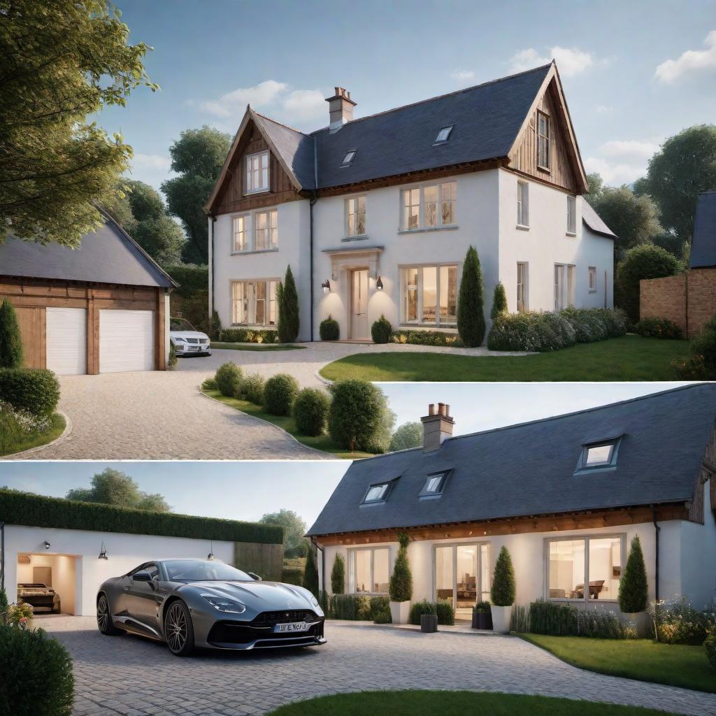  A visualization of a double garage 4-bedroom detached house with a big garden in a village setting hyperrealistic, full body, detailed clothing, highly detailed, cinematic lighting, stunningly beautiful, intricate, sharp focus, f/1. 8, 85mm, (centered image composition), (professionally color graded), ((bright soft diffused light)), volumetric fog, trending on instagram, trending on tumblr, HDR 4K, 8K