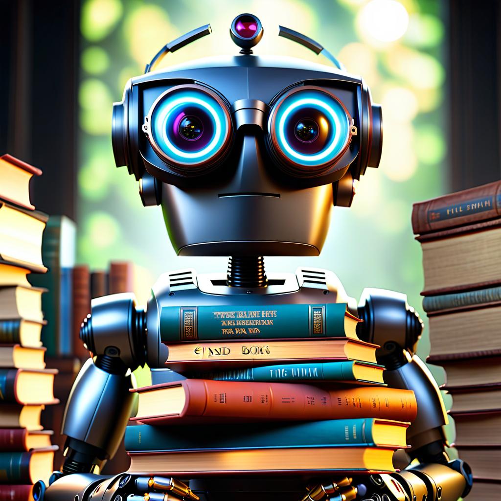  cinematic photo A robot with glasses is holding a stack of books. . 35mm photograph, film, bokeh, professional, 4k, highly detailed hyperrealistic, full body, detailed clothing, highly detailed, cinematic lighting, stunningly beautiful, intricate, sharp focus, f/1. 8, 85mm, (centered image composition), (professionally color graded), ((bright soft diffused light)), volumetric fog, trending on instagram, trending on tumblr, HDR 4K, 8K