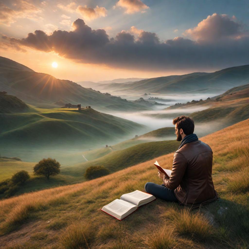  A serene scene with a person sitting on a hill, notebook in hand, writing as they watch the sunrise. The scene shows rolling hills, a peaceful sky, and the sun peeking over the horizon. The person looks thoughtful and inspired. A few symbols around the person include stars (representing astrology), a tarot card (spiritual exploration), and a small spark of light (personal reflection). hyperrealistic, full body, detailed clothing, highly detailed, cinematic lighting, stunningly beautiful, intricate, sharp focus, f/1. 8, 85mm, (centered image composition), (professionally color graded), ((bright soft diffused light)), volumetric fog, trending on instagram, trending on tumblr, HDR 4K, 8K