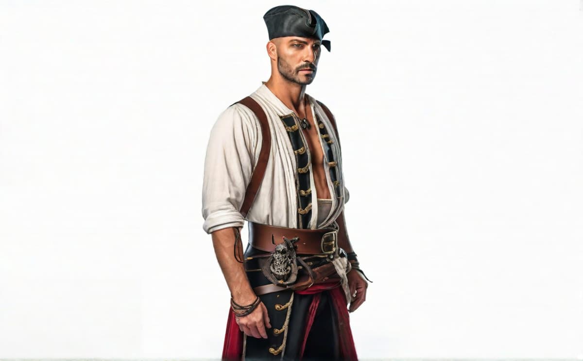  pirate hyperrealistic, full body, detailed clothing, highly detailed, cinematic lighting, stunningly beautiful, intricate, sharp focus, f/1. 8, 85mm, (centered image composition), (professionally color graded), ((bright soft diffused light)), volumetric fog, trending on instagram, trending on tumblr, HDR 4K, 8K