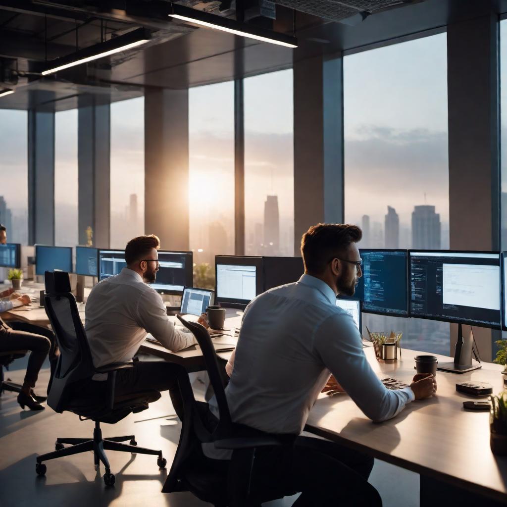  A late-night office scene featuring third shift employees working. The lighting is dim with computer screens casting a soft glow on their faces. Some employees are diligently typing away, while others are drinking coffee or having quiet conversations. The office has a modern appearance with sleek desks, computers, and ergonomic chairs. Outside the large windows, the night sky is visible. The atmosphere is a mix of calm focus and slight fatigue. hyperrealistic, full body, detailed clothing, highly detailed, cinematic lighting, stunningly beautiful, intricate, sharp focus, f/1. 8, 85mm, (centered image composition), (professionally color graded), ((bright soft diffused light)), volumetric fog, trending on instagram, trending on tumblr, HDR 4K, 8K