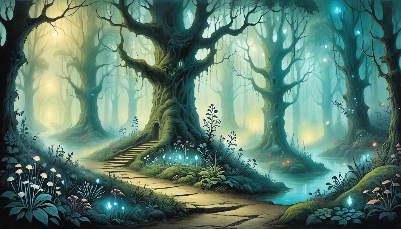  on parchment, surrealism+++, Pathway through an enchanted forest, softly lit by bioluminescent plants, mist hovering above the ground, urging presence subtly felt, guiding light ahead, purposeful, beckoning(mysterious, provocative, symbolic,muted color)+++