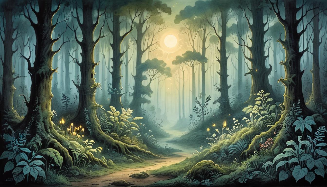  on parchment, surrealism+++, Dense forest at twilight, beams of light breaking through canopy, mysterious glowing plants. Enchanted atmosphere, sense of growth, gradual illumination of the forest floor(mysterious, provocative, symbolic,muted color)+++