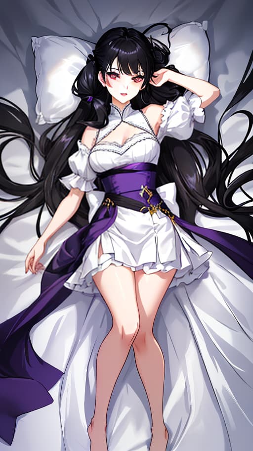  A young with youthful features, long black hair pulled back in two ponytails, and deep red eyes. She has a slender figure with natural proportions. She is wearing a dark purple knee length , loose fitting and slightly flared, made of light fabric with small lace at the edges. The is light purple in color, made of light and airy fabric, with a V neck and short sleeves with small ruffles. light black eyeliner around the eyes, dark purple shadows and a light dark purple lip gloss. The lies on a white sheet, positioned horizontally, creating a feeling of coziness and comfort, with a gentle and caring expression on her face. Full length image. Top view, image for dakimakura, one character, lying horizontally on a white shee hyperrealistic, full body, detailed clothing, highly detailed, cinematic lighting, stunningly beautiful, intricate, sharp focus, f/1. 8, 85mm, (centered image composition), (professionally color graded), ((bright soft diffused light)), volumetric fog, trending on instagram, trending on tumblr, HDR 4K, 8K