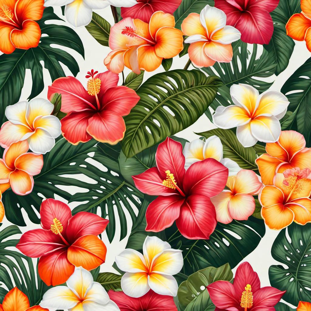  design of tropical flowers including plumeria and hibiscus for a t-shirt and stickers. The flowers should be vibrant, colorful, and artistic, highlighting the beauty of tropical flora. Background should be transparent to focus solely on the flowers. hyperrealistic, full body, detailed clothing, highly detailed, cinematic lighting, stunningly beautiful, intricate, sharp focus, f/1. 8, 85mm, (centered image composition), (professionally color graded), ((bright soft diffused light)), volumetric fog, trending on instagram, trending on tumblr, HDR 4K, 8K