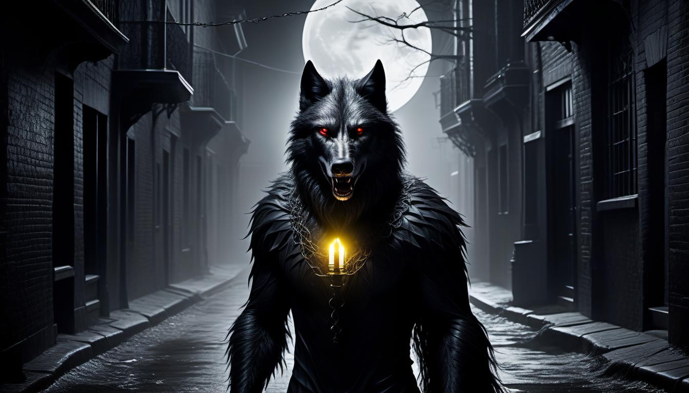  In the dimly lit alley, a brooding female werewolf prowls with an air of mystery and danger, torn dress, beautiful facial features, tangled hair, sharp fangs, red lips. The scene is captured in a dramatic black and white photograph, highlighting the creatures sleek fur and piercing yellow eyes. Every detail is sharp and visit, from the glint of moonlight on its fun to the texture of its tangled maze. The image exudes a sense of nature inspired intensity, drawing viewer into the world of the supernatural and the unknown. hyperrealistic, full body, detailed clothing, highly detailed, cinematic lighting, stunningly beautiful, intricate, sharp focus, f/1. 8, 85mm, (centered image composition), (professionally color graded), ((bright soft diffused light)), volumetric fog, trending on instagram, trending on tumblr, HDR 4K, 8K