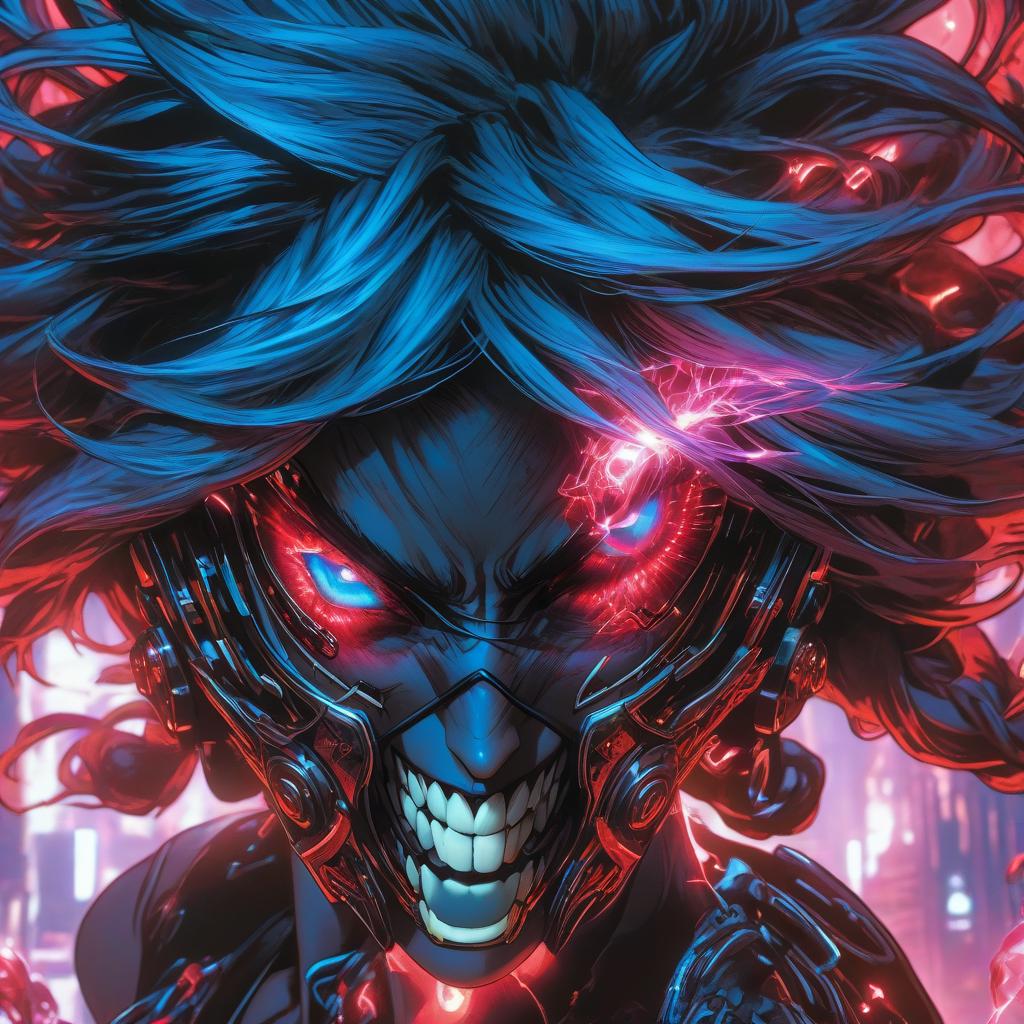  a close up of a person with glasses on, metal ears and glowing eyes, anime epic artwork, neon blue color, ar 16:9, emitting evil red aura, like matrix, woman with rose tinted glasses, blade and soul, planetes, rage, e girl, radiating power hyperrealistic, full body, detailed clothing, highly detailed, cinematic lighting, stunningly beautiful, intricate, sharp focus, f/1. 8, 85mm, (centered image composition), (professionally color graded), ((bright soft diffused light)), volumetric fog, trending on instagram, trending on tumblr, HDR 4K, 8K