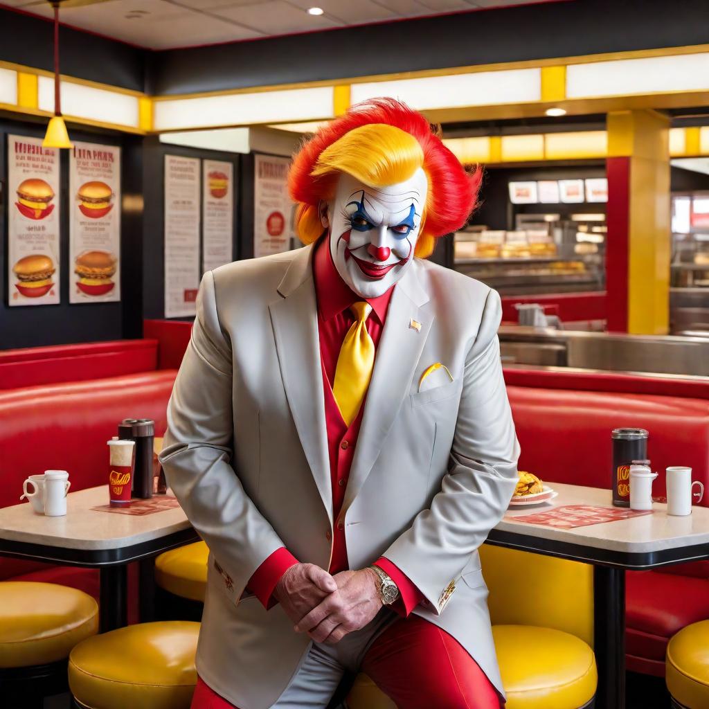  Donald Trump wearing a McDonald’s clown suit, standing in a McDonald's restaurant. The suit is colorful with yellow, red, and white patterns, complete with oversized shoes, red wig, and a red nose. Trump has his signature facial expression, and the background shows typical McDonald's interior with menu boards and seating area. hyperrealistic, full body, detailed clothing, highly detailed, cinematic lighting, stunningly beautiful, intricate, sharp focus, f/1. 8, 85mm, (centered image composition), (professionally color graded), ((bright soft diffused light)), volumetric fog, trending on instagram, trending on tumblr, HDR 4K, 8K