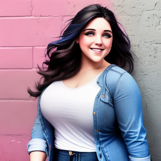  Generar una imagen de una mujer gordita hermosa sonriente cabello largo hasta los hombros vestida con una blusa fucsia y un jean azul parada en cerca a una pared blanca de Toma de cuerpo completo