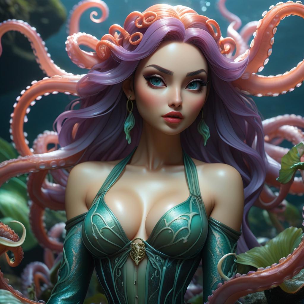  water nymph girl with tentacles, realistic style, low exposure, hyperdetalization, fantasy hyperrealistic, full body, detailed clothing, highly detailed, cinematic lighting, stunningly beautiful, intricate, sharp focus, f/1. 8, 85mm, (centered image composition), (professionally color graded), ((bright soft diffused light)), volumetric fog, trending on instagram, trending on tumblr, HDR 4K, 8K