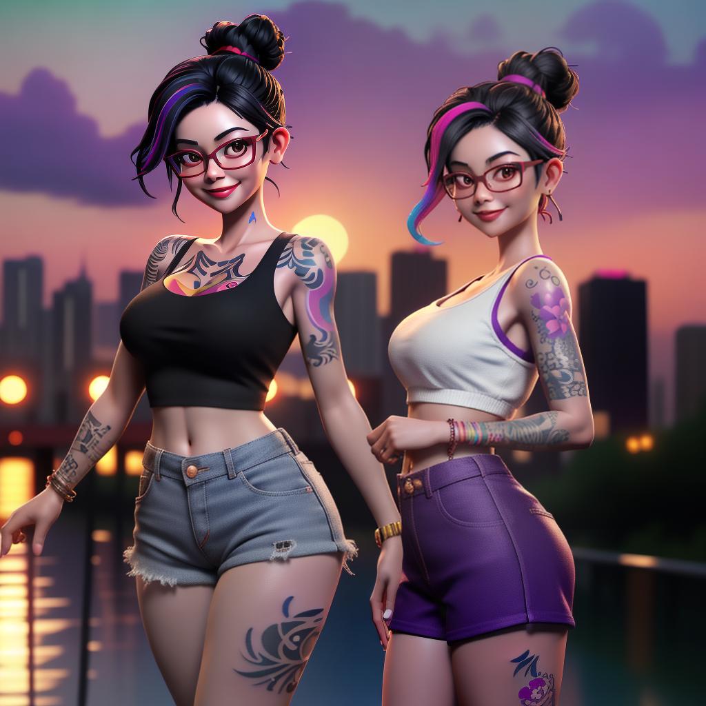  3D render of a Thai woman with tattoos standing on a bridge, smile, breasts, black hair, navel, large breasts, lipstick, outdoors, glasses, purple short shorts, black single hair bun with hairpin, (white tank top), optic glasses, sunset, open fly, (colorful tattoos:1.3)