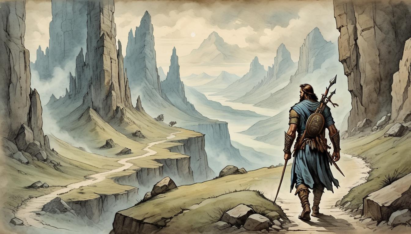  on parchment, surrealism+++, Warrior walking a narrow, treacherous mountain path, cliffs on either side, focus on determination in the harsh journey, desolate and rugged terrain, sense of arduous quest(mysterious, provocative, symbolic,muted color)+++