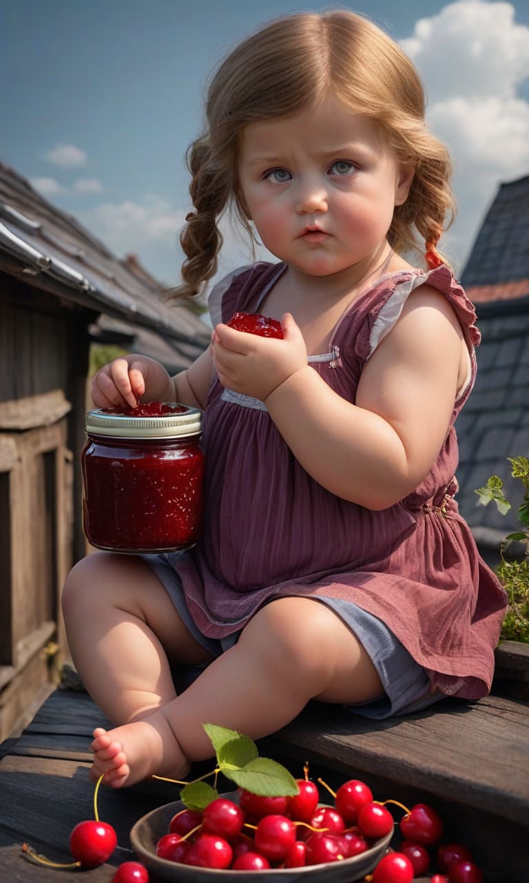  A little chubby girl sits with her legs wrapped around a large jar of jam and eats cherry jam with her hand, lives on the roof, based on a story by Swedish writer Astrid Lindgren hyperrealistic, full body, detailed clothing, highly detailed, cinematic lighting, stunningly beautiful, intricate, sharp focus, f/1. 8, 85mm, (centered image composition), (professionally color graded), ((bright soft diffused light)), volumetric fog, trending on instagram, trending on tumblr, HDR 4K, 8K