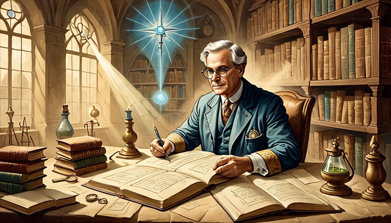  on parchment, surrealism+++, Dr. Wahls, immersed in research, surrounded by medical journals and books, focused and determined, rays of light symbolizing hope and knowledge(mysterious, provocative, symbolic,muted color)+++