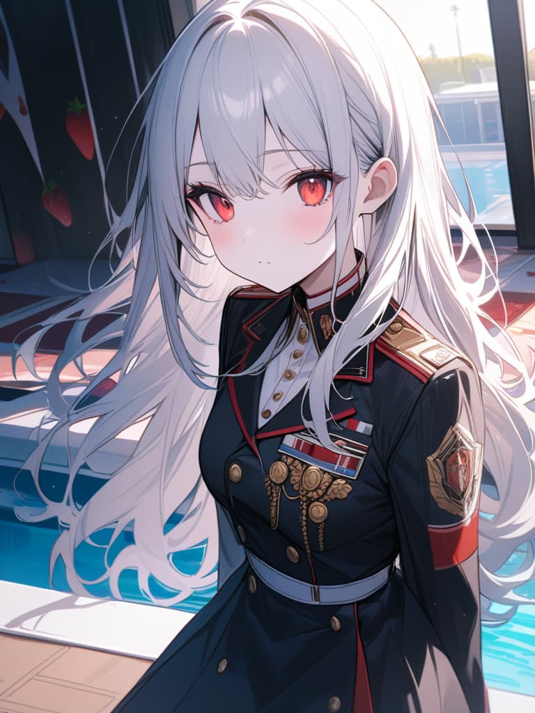  Cute, , young face, white skin, thin body, fluffy hair, white hair, bright red eyes, strawberry decorations, uniforms, fluffy long hair, pool, , masterpiece, best quality,8k,ultra detailed,high resolution,an extremely delicate and beautiful,hyper detail