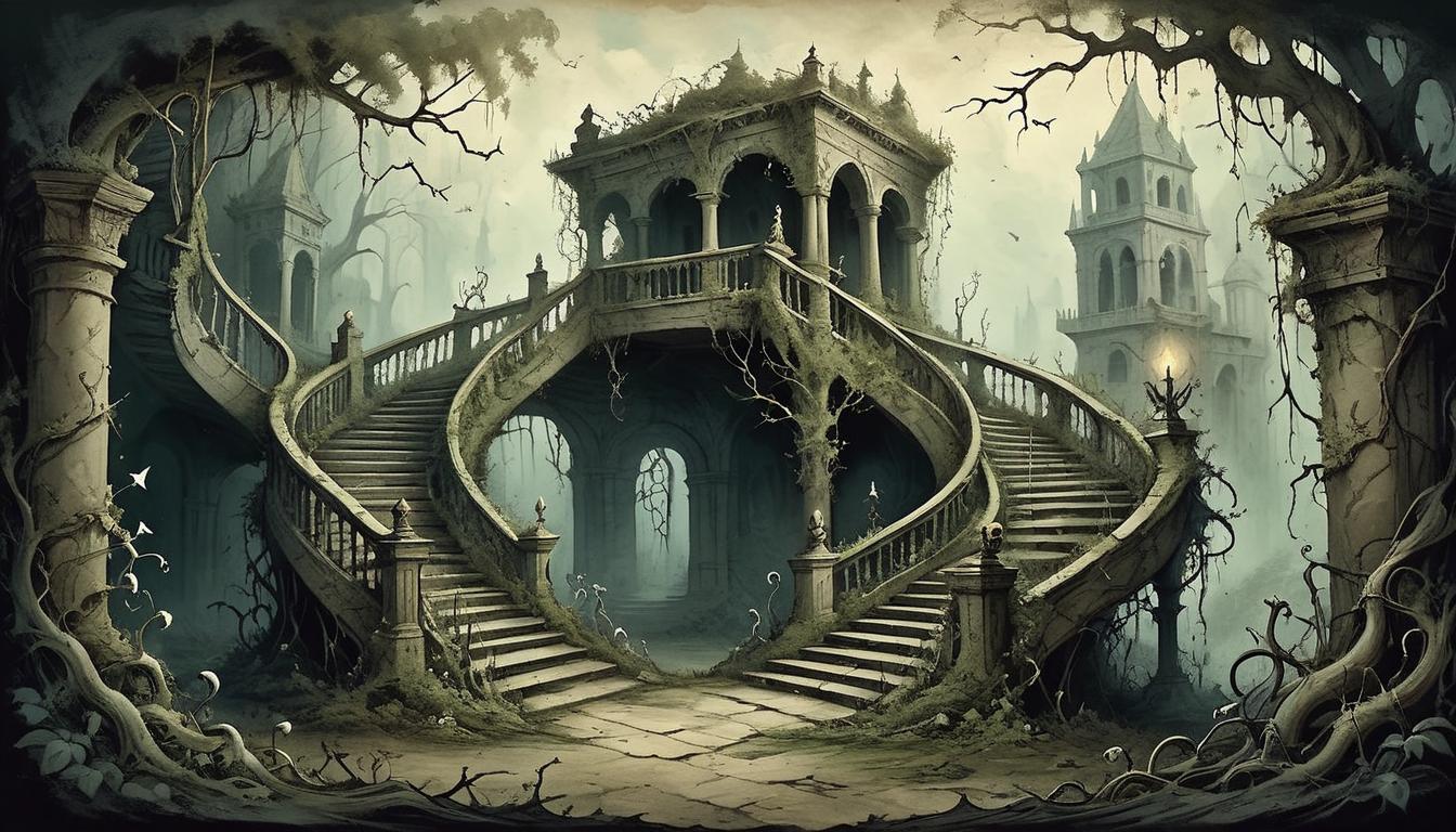  on parchment, surrealism+++, A crumbling staircase leading to nowhere, overgrown with twisted vines and thorns, ghostly figures falling into an abyss below, sense of innevitability, decay, desolation.(mysterious, provocative, symbolic,muted color)+++