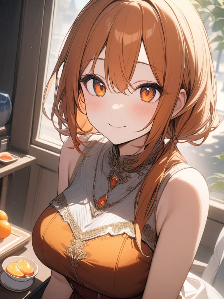  Cute, , face, , big eyes, orange hair color, orange eyes, dumpling hair, dress, smiling, tangerine, tangerine eat, masterpiece, best quality,8k,ultra detailed,high resolution,an extremely delicate and beautiful,hyper detail