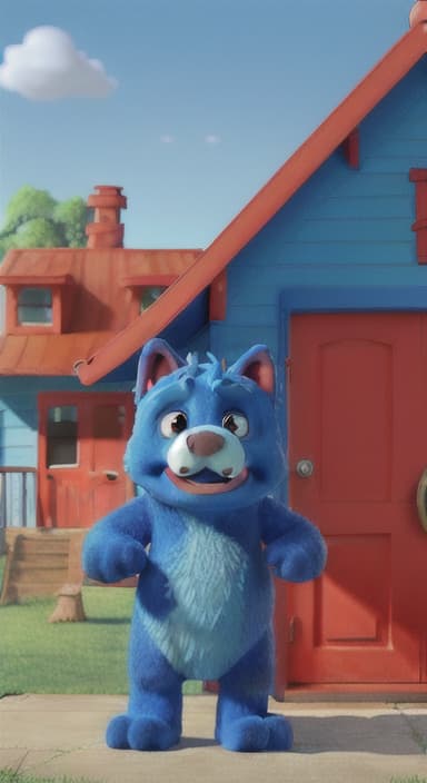  {Max the big blue dog standing in front of a cozy little house with a red door, The big blue dog is large with sky blue fur, big round eyes, a black nose, and floppy ears.