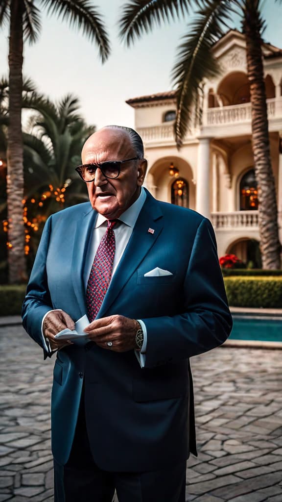  (An image of a formal legal summons being served to Rudy Giuliani, an elderly man with gray hair, by two agents of the Arizona Attorney General's Office, in the late hours of a birthday party at a lavish estate in Palm Beach, Florida. The background shows a large mansion with palm trees and other luxury details, and the party guests appear visibly upset and concerned by the scene unfolding.) hyperrealistic, full body, detailed clothing, highly detailed, cinematic lighting, stunningly beautiful, intricate, sharp focus, f/1. 8, 85mm, (centered image composition), (professionally color graded), ((bright soft diffused light)), volumetric fog, trending on instagram, trending on tumblr, HDR 4K, 8K