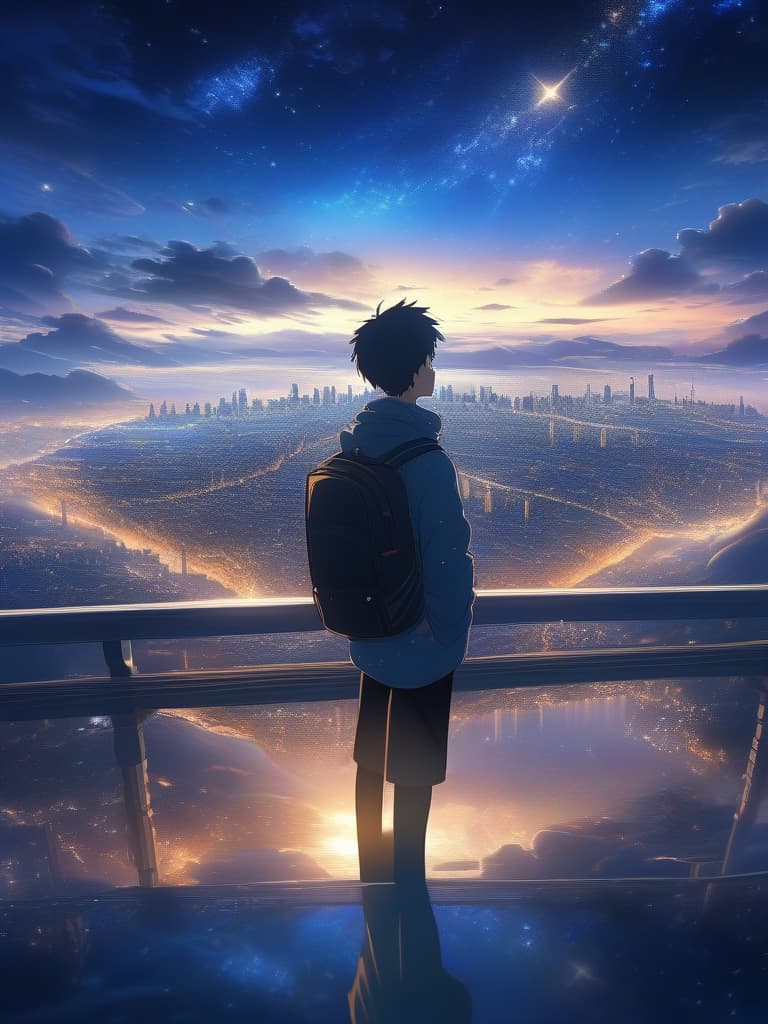  The background is the city of the city, the sky is a starry sky, the sunset is a little visible, a man looks up at the back, the back, the back, the back of the night sky., masterpiece, best quality,8k,ultra detailed,high resolution,an extremely delicate and beautiful,hyper detail