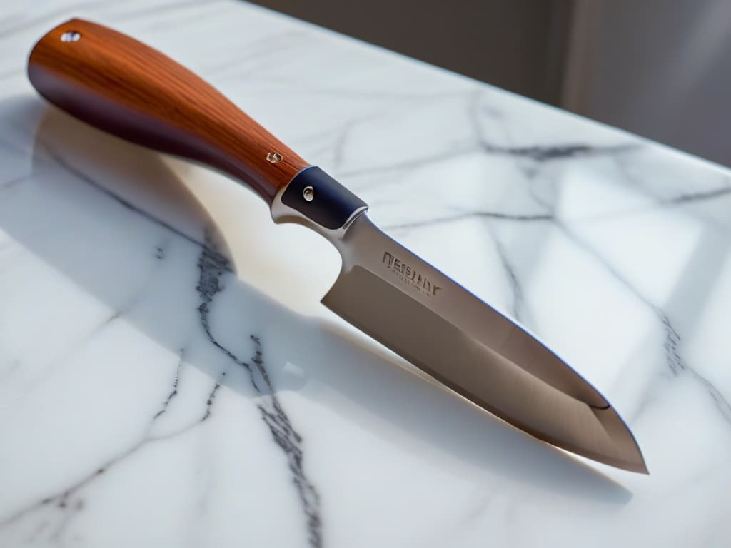  An ultradetailed closeup image of a sleek, modern pastry chef's knife with a polished stainless steel blade and a comfortable, ergonomic handle, resting on a pristine marble countertop. The blade gleams under the soft, natural light, showcasing its sharp edge and impeccable craftsmanship. Every curve and line of the knife is meticulously captured, highlighting the precision and elegance of this essential tool for any aspiring pastry chef. hyperrealistic, full body, detailed clothing, highly detailed, cinematic lighting, stunningly beautiful, intricate, sharp focus, f/1. 8, 85mm, (centered image composition), (professionally color graded), ((bright soft diffused light)), volumetric fog, trending on instagram, trending on tumblr, HDR 4K, 8K