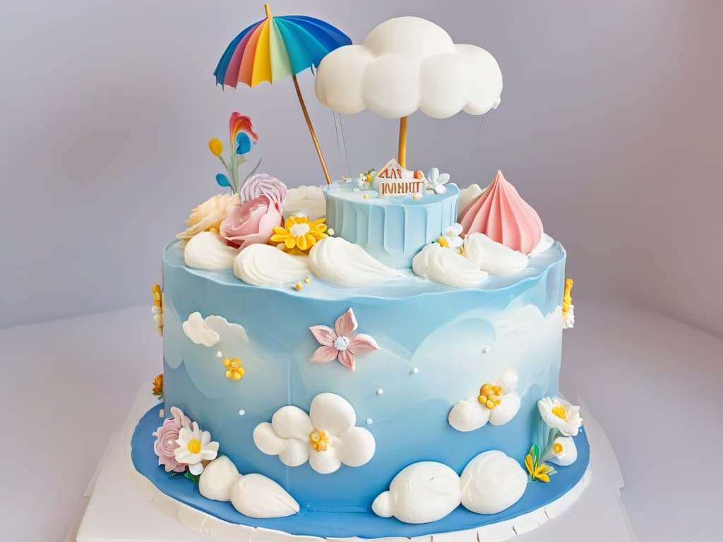  An ultradetailed illustration of a whimsical, pastelcolored cake floating in the sky with Mary Poppins holding onto a pastelcolored umbrella, surrounded by fluffy white clouds and a hint of a rainbow in the background. The cake is adorned with colorful sugar flowers and intricate icing designs, exuding a sense of magic and wonder. hyperrealistic, full body, detailed clothing, highly detailed, cinematic lighting, stunningly beautiful, intricate, sharp focus, f/1. 8, 85mm, (centered image composition), (professionally color graded), ((bright soft diffused light)), volumetric fog, trending on instagram, trending on tumblr, HDR 4K, 8K