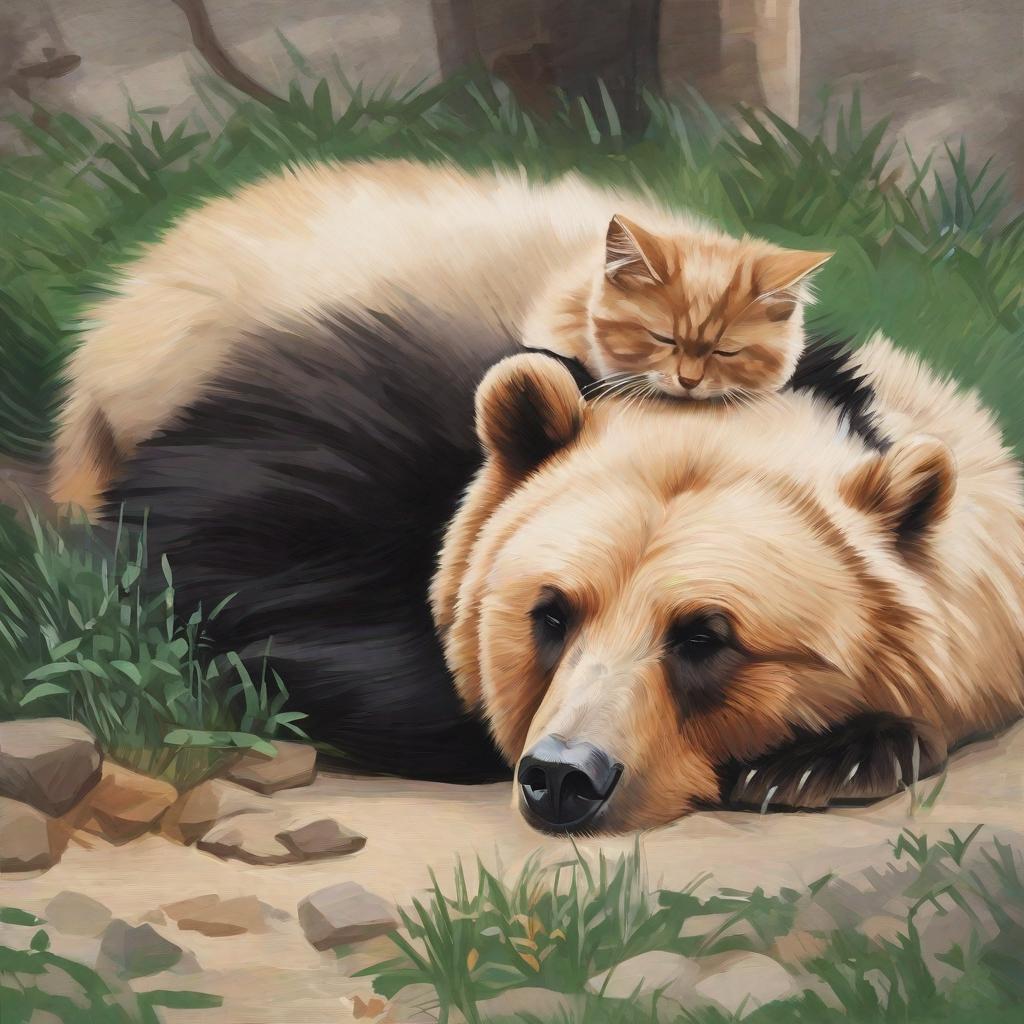  masterpiece, best quality,Draw a picture of a bear lying on the ground and a cat sleeping on its head