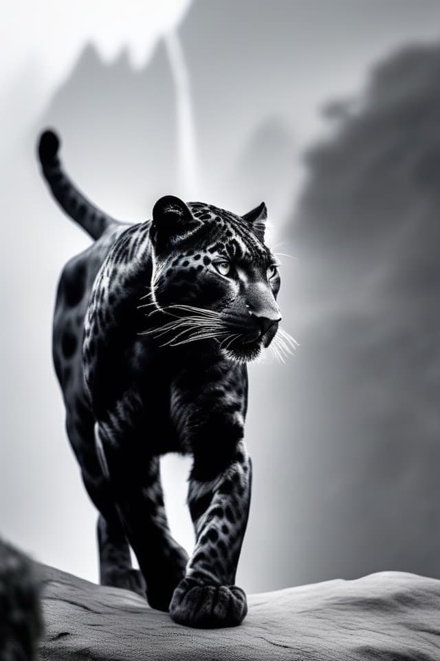  (((Illustration of monochrome and black only color))) (((picture of animals))) (((smart animal black leopard))) ((Smart Animal Black Leopard))) (Black and White) (Monochrome) (Monochrome Sky) (Black Panther) (White Feathers Dancing) High Quality, 8k, Masterpiece hyperrealistic, full body, detailed clothing, highly detailed, cinematic lighting, stunningly beautiful, intricate, sharp focus, f/1. 8, 85mm, (centered image composition), (professionally color graded), ((bright soft diffused light)), volumetric fog, trending on instagram, trending on tumblr, HDR 4K, 8K