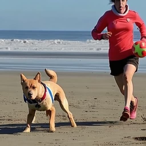  dos cachorros de perro de raza san bernando jugando en la playa con un balón de fútbol,mientra una chica corre detrás de ellos con un collar de perro. Imagen graciosa.