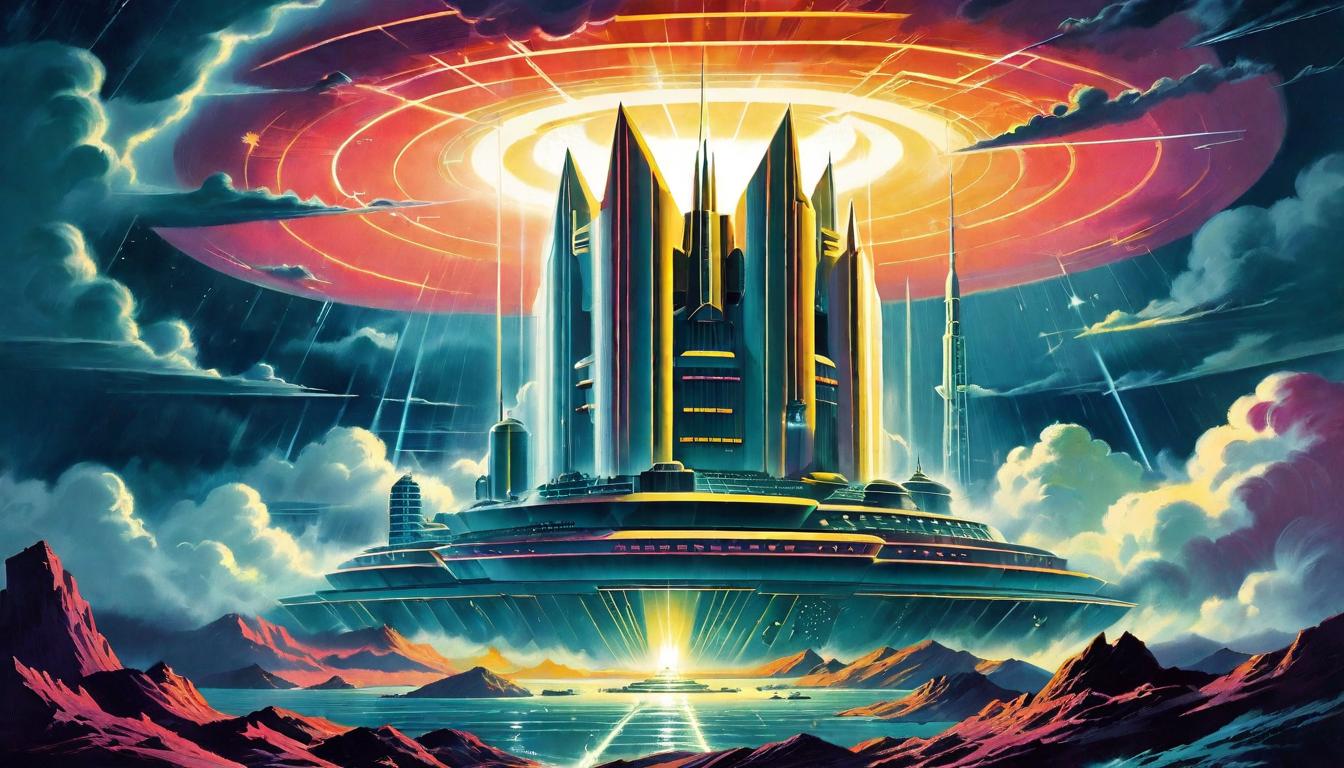  retro futuristic A fortress surrounded by a radiant barrier of light, impervious to the dark storm clouds gathering around. Protection, energy conservation, impenetrable defense. lvintage sci fi, 50s and 60s style, atomic age, vibrant, highly detailed