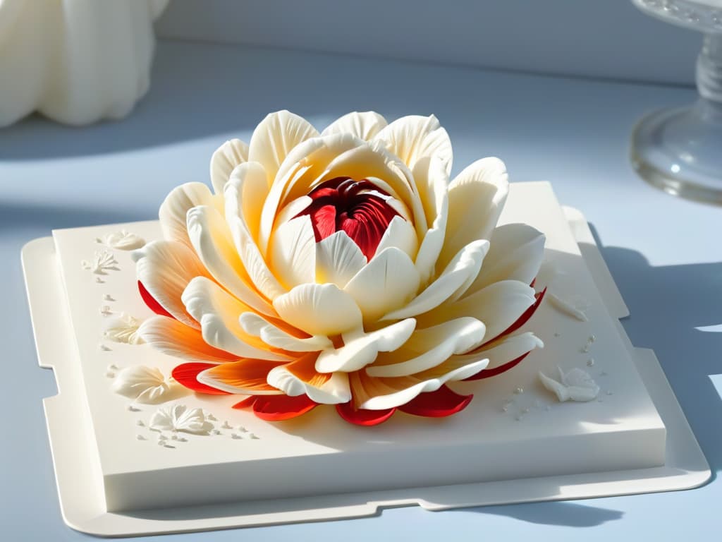  A closeup, ultradetailed image of a beautifully intricate 3D printed sugar flower, showcasing delicate petals and intricate details, set against a soft, blurred background to emphasize the artistry and precision of 3D printing in the pastry industry. hyperrealistic, full body, detailed clothing, highly detailed, cinematic lighting, stunningly beautiful, intricate, sharp focus, f/1. 8, 85mm, (centered image composition), (professionally color graded), ((bright soft diffused light)), volumetric fog, trending on instagram, trending on tumblr, HDR 4K, 8K