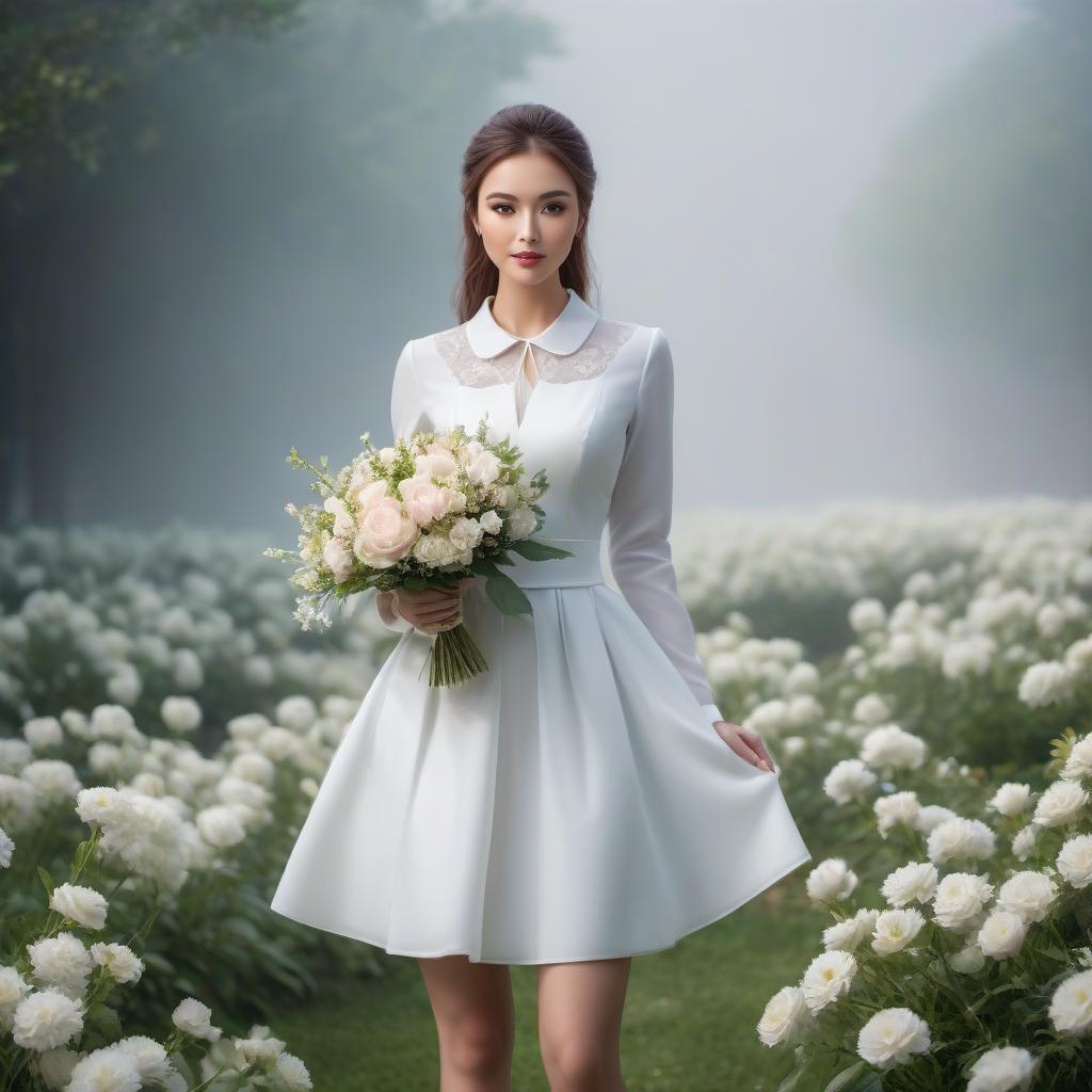  A schoolgirl, graduate, in a white gown, with a beautiful bouquet of flowers, beautifully. hyperrealistic, full body, detailed clothing, highly detailed, cinematic lighting, stunningly beautiful, intricate, sharp focus, f/1. 8, 85mm, (centered image composition), (professionally color graded), ((bright soft diffused light)), volumetric fog, trending on instagram, trending on tumblr, HDR 4K, 8K