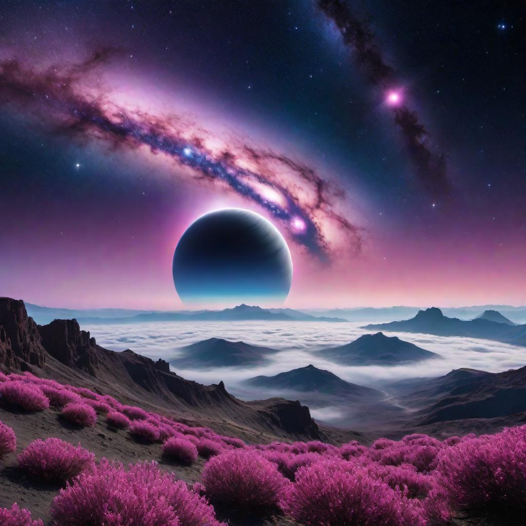  A galaxy scene with one planet that has rings like Saturn. The galaxy should have a lot of little star constellations, and the overall color scheme should be pink, purple, and bluish, with an illuminated purple hue dominating the scene. hyperrealistic, full body, detailed clothing, highly detailed, cinematic lighting, stunningly beautiful, intricate, sharp focus, f/1. 8, 85mm, (centered image composition), (professionally color graded), ((bright soft diffused light)), volumetric fog, trending on instagram, trending on tumblr, HDR 4K, 8K