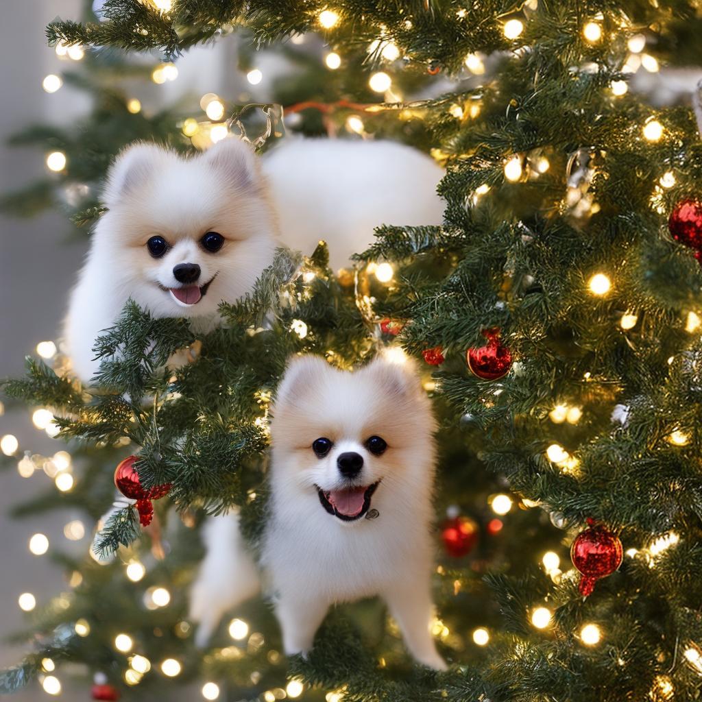 analog style pomeranian for the new year under the tree in a santa hat, cute, hyper detail, full HD hyperrealistic, full body, detailed clothing, highly detailed, cinematic lighting, stunningly beautiful, intricate, sharp focus, f/1. 8, 85mm, (centered image composition), (professionally color graded), ((bright soft diffused light)), volumetric fog, trending on instagram, trending on tumblr, HDR 4K, 8K