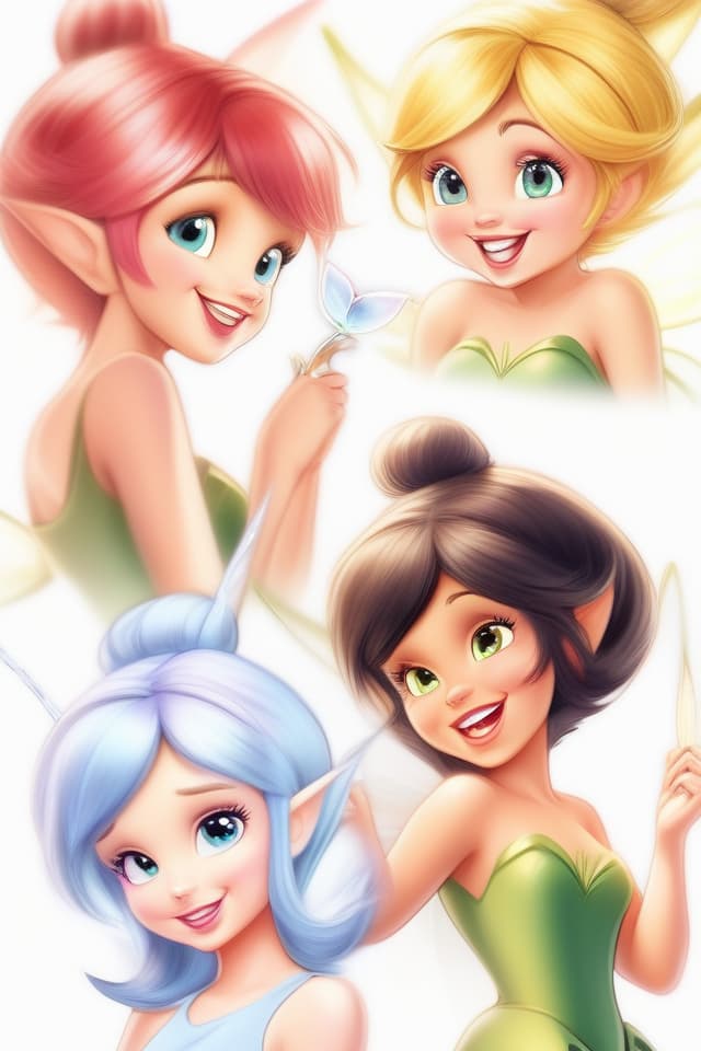  Colorful illustrations, Masterpiece, Tinkerbell, Mischievous, Bewitching Hair Color, Smile, High Quality, 8k, 16k