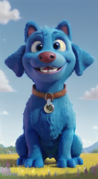  {A happy, big blue dog wagging its tail in a colorful meadow, The big blue dog is large with sky blue fur, big round eyes, a black nose, and floppy ears.