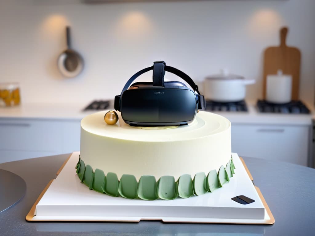  An ultradetailed image of a virtual reality headset placed on a sleek, modern kitchen countertop. The headset is illuminated by a soft, warm light, casting a gentle glow on the surrounding immaculate white tiles. The reflections on the lenses of the headset show a beautifully decorated cake, symbolizing the fusion of technology and culinary artistry in the training of pastry chefs. hyperrealistic, full body, detailed clothing, highly detailed, cinematic lighting, stunningly beautiful, intricate, sharp focus, f/1. 8, 85mm, (centered image composition), (professionally color graded), ((bright soft diffused light)), volumetric fog, trending on instagram, trending on tumblr, HDR 4K, 8K