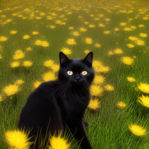 redshift style A black cat in a field of flowers with yellow eyes