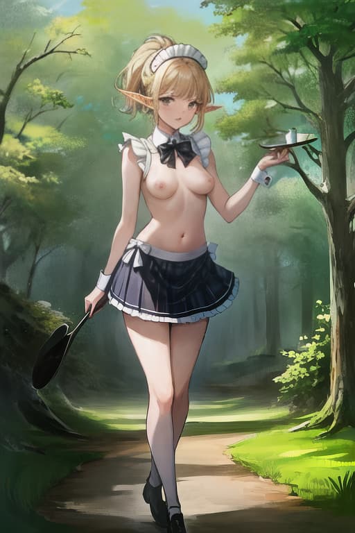  (((masterpiece, best quality, high quality, highres, ultra-detailed))), (((busty woman))), solo, ((elf)), (ponytail), blunt bangs, (maid headdress), bare shoulders, bare arms, bow tie, (topless), (small breasts), nipples, (areolas), navel, (stomach), (miniskirt), plaid skirt, standing, thighs, in forest, 1990s \(style\), retro artstyle