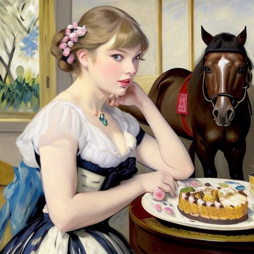  Happy beautiful Taylor Swift with pink cheeks and streaks of sunshine, gazing at a piece of fine dark chocolate, painted in the style of Édouard Manet. Foreground has a plate of fine dark chocolates on a coffee table. Background has a thoroughbred horses, white horse fences, limestone fences