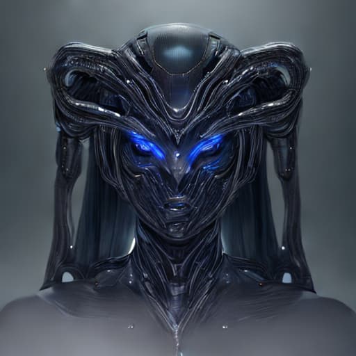  A high resolution digital painting of a futuristic robot with sleek metallic body, glowing blue eyes, and intricate mechanical details. Inspired by HR Giger, with cinematic lighting and advanced detail processing. style Digital painting, highly detailed, metallic, futuristic, glowing eyes, HR Giger inspired, cinematic lighting, advanced detail processing ar 1:1, best quality, sharp focus, 8k, ((highly detailed)),((masterpiece)), (perfect image composition)