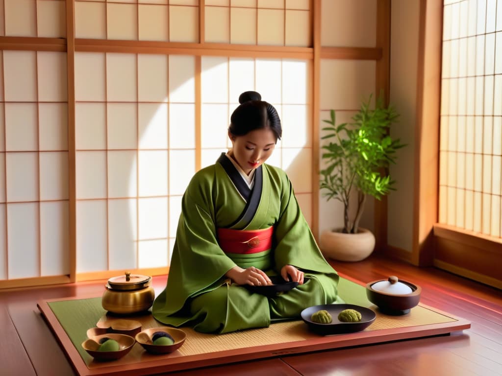  A photorealistic image of a traditional Japanese tea ceremony, showcasing a serene setting with a beautifully arranged tatami mat floor, an intricately designed tea set with matcha tea being whisked, and a graceful kimonoclad hostess bowing respectfully. The room is softly lit with natural sunlight filtering through bamboo blinds, creating a tranquil and authentic atmosphere that encapsulates the essence of Asian dessert culture and history. hyperrealistic, full body, detailed clothing, highly detailed, cinematic lighting, stunningly beautiful, intricate, sharp focus, f/1. 8, 85mm, (centered image composition), (professionally color graded), ((bright soft diffused light)), volumetric fog, trending on instagram, trending on tumblr, HDR 4K, 8K