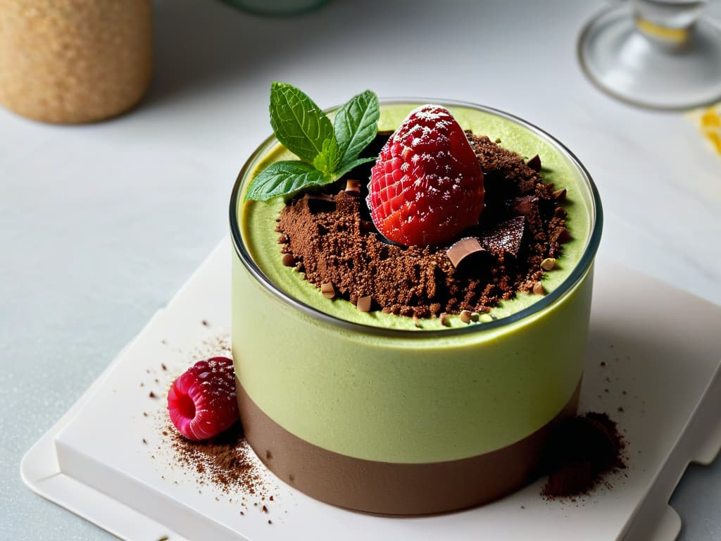  An ultradetailed image of a decadent vegan chocolate avocado mousse served in a sleek, modern glass dessert cup. The mousse is perfectly smooth and garnished with a sprinkle of cocoa powder and a single fresh raspberry on top. The glass is resting on a marble countertop, with a soft, natural light casting a gentle shadow, creating a sophisticated and minimalist aesthetic. hyperrealistic, full body, detailed clothing, highly detailed, cinematic lighting, stunningly beautiful, intricate, sharp focus, f/1. 8, 85mm, (centered image composition), (professionally color graded), ((bright soft diffused light)), volumetric fog, trending on instagram, trending on tumblr, HDR 4K, 8K