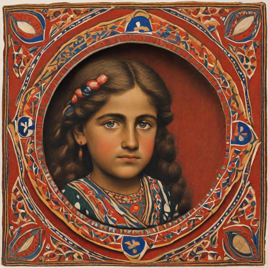  masterpiece, best quality, Fille Kabyle-Espagnole de 13 ans en débardeur rouge aux longs cheveux chatains foncés ondulés, aux yeux marrons, au visage rond et aux grosses joues