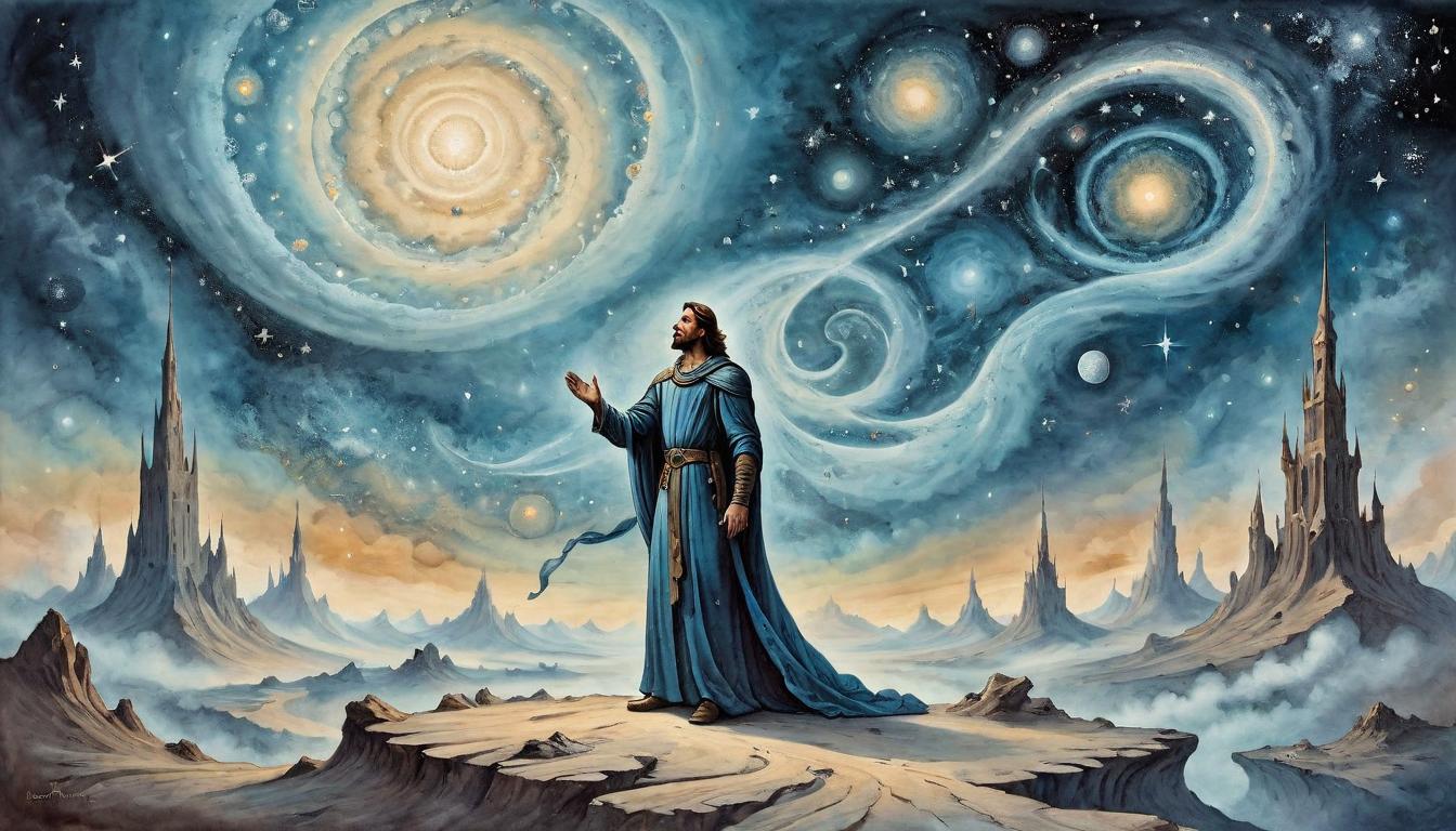  on parchment, surrealism+++, A figure standing tall, arms outstretched, in a vast cosmic landscape, galaxies and stars swirling around, cosmic power, control and majesty(mysterious, provocative, symbolic,muted color)+++