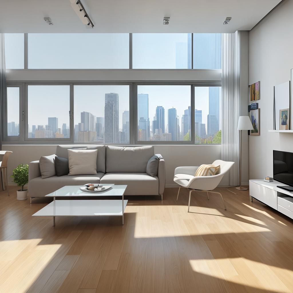  masterpiece, best quality, Best Quality, Masterpiece, 8k resolution,high resolution concept art of an apartment living room with floor to ceiling windows and modern furniture