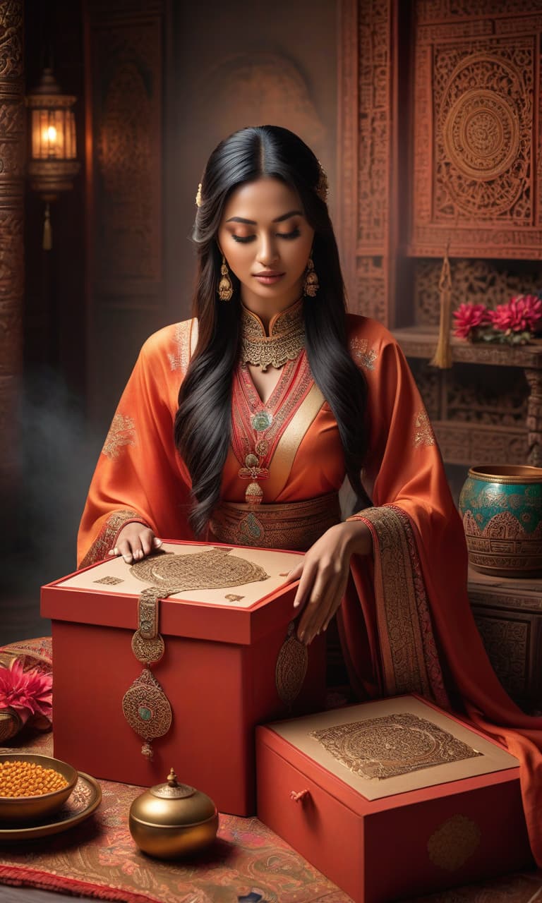  Visual art of a place that feels inventive and adventurous, a very detailed and deep depiction. A girl in ethnic clothing opens a box. Use only three colors and their shades. hyperrealistic, full body, detailed clothing, highly detailed, cinematic lighting, stunningly beautiful, intricate, sharp focus, f/1. 8, 85mm, (centered image composition), (professionally color graded), ((bright soft diffused light)), volumetric fog, trending on instagram, trending on tumblr, HDR 4K, 8K