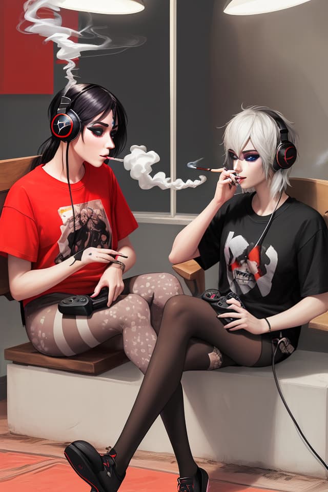  Gaming , headphones, color tights, teak, mine based makeup, smoking, big s, smoking, rock T shirts